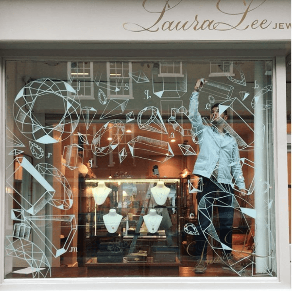 Laura Lee Jewellery London Jewellers Window, Hand Illustrated, Vintage Gems by Toni Hawkes & Jonathan McKenzie